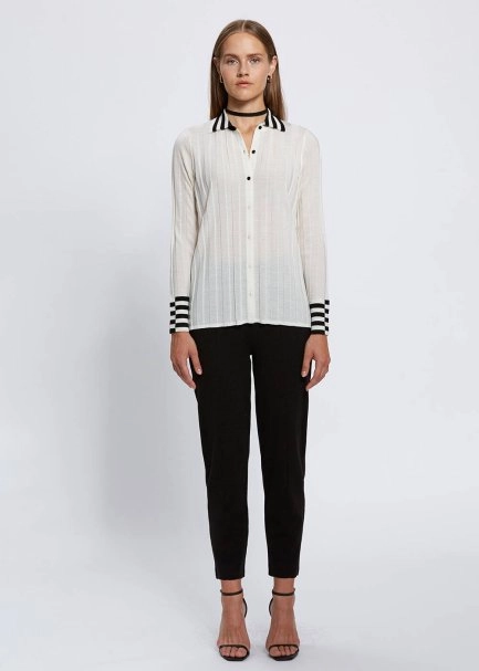 Kontrast Detaylı Merino Yün Ekru Triko Gömlek - 2