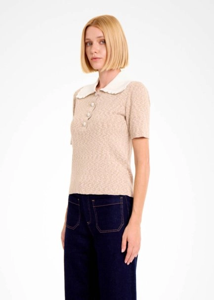 Kontrast Yaka Camel Muline Triko Üst - 3