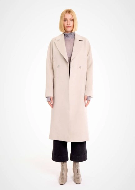 Kontrast Yaka Detaylı Taş Rengi Yün Kaban - 1