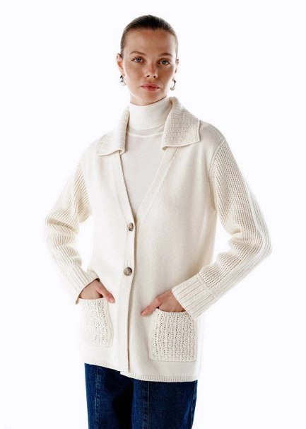 Krem Organik Pamuk Kaşmir Karışımlı Triko Hırka - 3