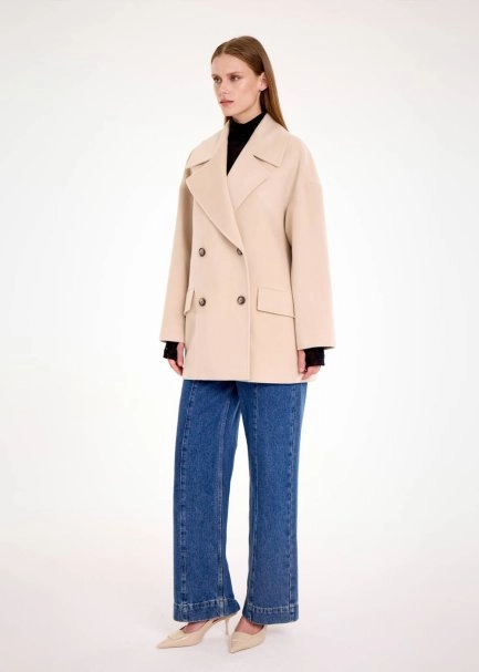 Kruvaze Oversıze Bej Yün Kaban - 5