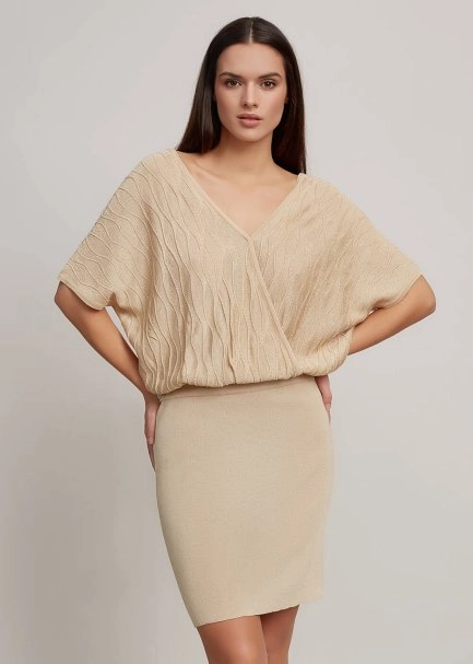 Kruvaze Yaka Bej Mini Triko Elbise - 1