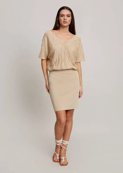 Kruvaze Yaka Bej Mini Triko Elbise - 2