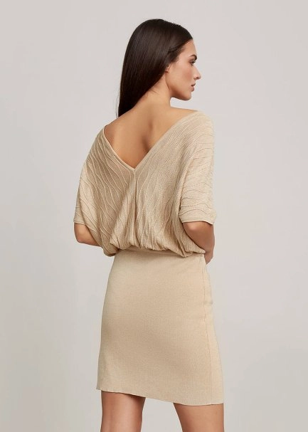Kruvaze Yaka Bej Mini Triko Elbise - 3