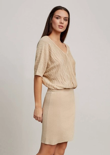 Kruvaze Yaka Bej Mini Triko Elbise - 4