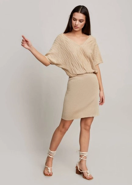 Kruvaze Yaka Bej Mini Triko Elbise - 5