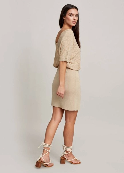 Kruvaze Yaka Bej Mini Triko Elbise - 6