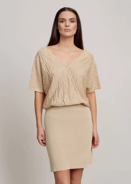 Kruvaze Yaka Bej Mini Triko Elbise - 7