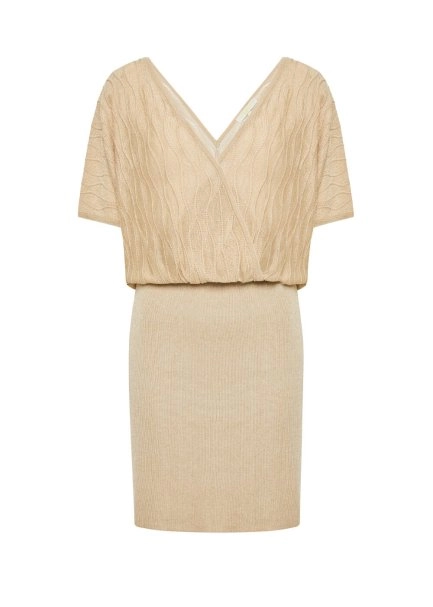 Kruvaze Yaka Bej Mini Triko Elbise - 8