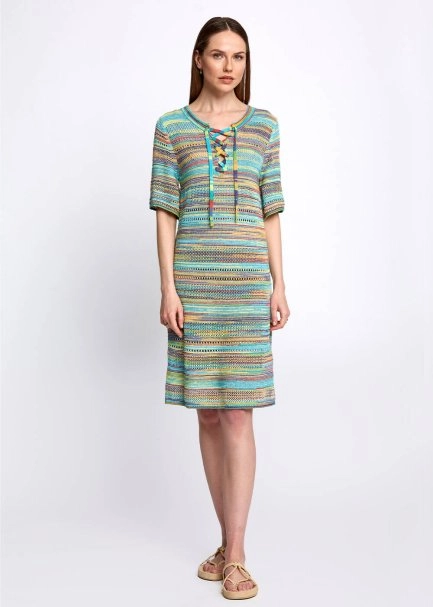 Lace Front Detailed Half Sleeve Turquoise Knit Dress - 1