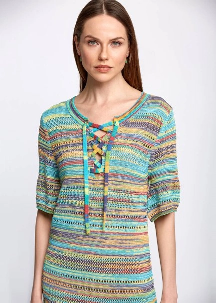 Lace Front Detailed Half Sleeve Turquoise Knit Dress - 7