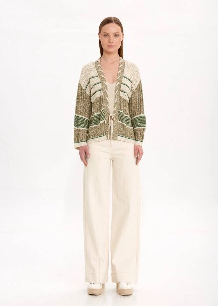 LACING DETAIL COLOR BLOCK KNIT CARDIGAN - 2