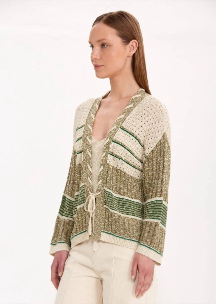 LACING DETAIL COLOR BLOCK KNIT CARDIGAN - 3