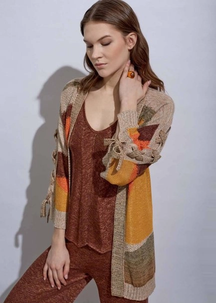 Lacing Detail Intarsia Terracotta Knit Cardigan - 1