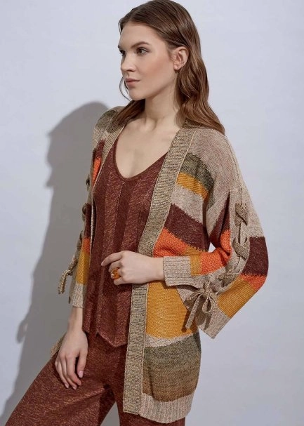 Lacing Detail Intarsia Terracotta Knit Cardigan - 3
