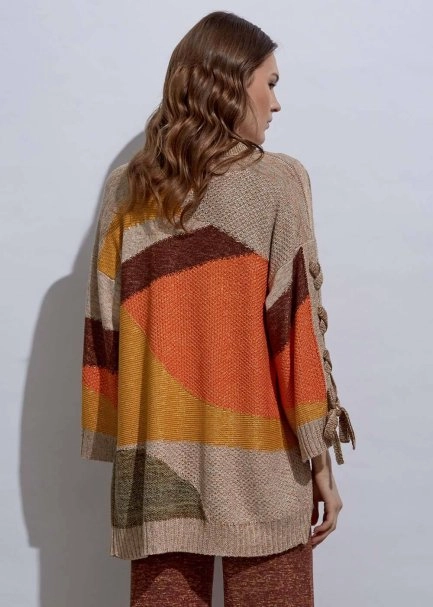 Lacing Detail Intarsia Terracotta Knit Cardigan - 6