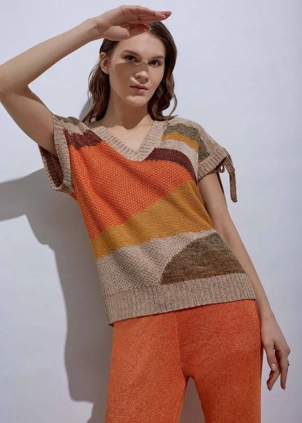 Lacing Detail Intarsia Terracotta Knit Top - 1