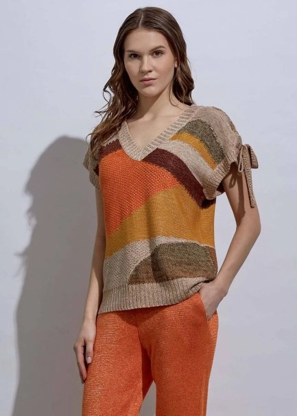 Lacing Detail Intarsia Terracotta Knit Top - 2