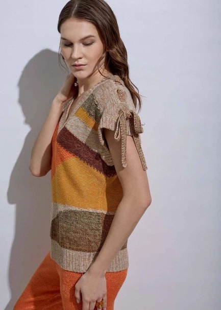 Lacing Detail Intarsia Terracotta Knit Top - 3