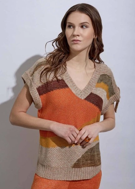 Lacing Detail Intarsia Terracotta Knit Top - 4