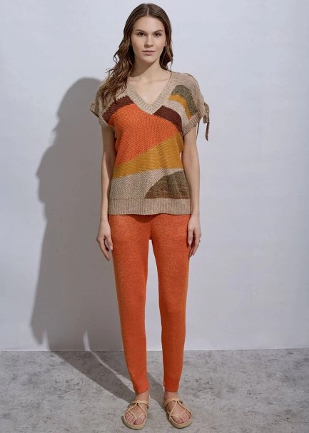 Lacing Detail Intarsia Terracotta Knit Top - 5