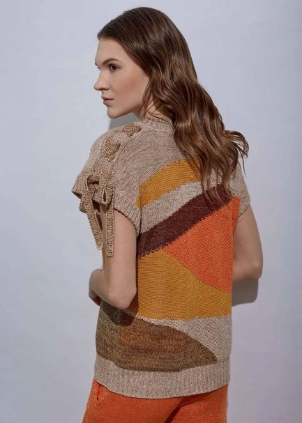 Lacing Detail Intarsia Terracotta Knit Top - 6