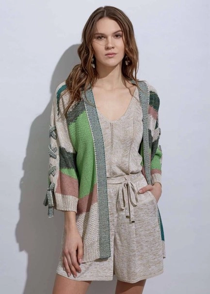 Lacing Detail Intarsia Verdigris Knit Cardigan - 1