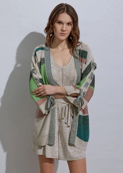 Lacing Detail Intarsia Verdigris Knit Cardigan - 3