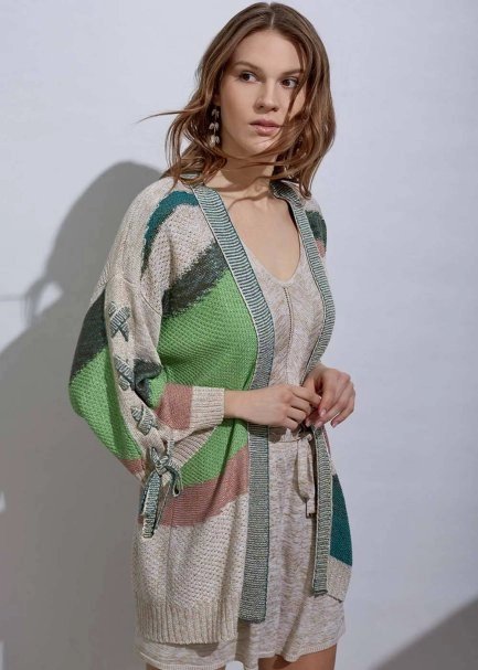 Lacing Detail Intarsia Verdigris Knit Cardigan - 4