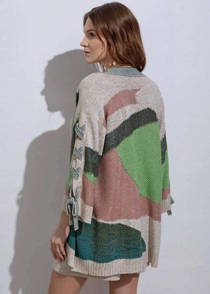 Lacing Detail Intarsia Verdigris Knit Cardigan - 6