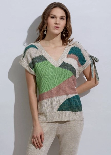 Lacing Detail Intarsia Verdigris Knit Top - 1