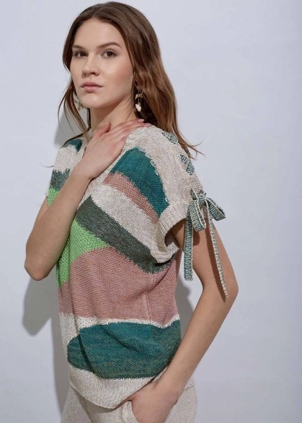 Lacing Detail Intarsia Verdigris Knit Top - 3