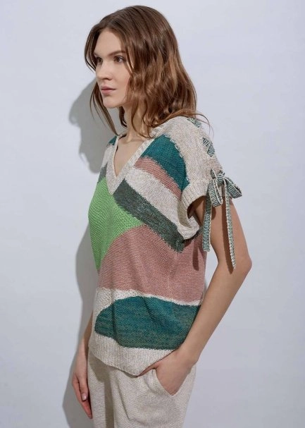 Lacing Detail Intarsia Verdigris Knit Top - 4