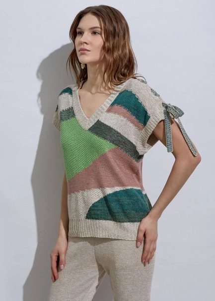 Lacing Detail Intarsia Verdigris Knit Top - 5