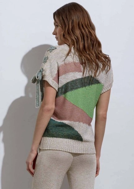 Lacing Detail Intarsia Verdigris Knit Top - 6