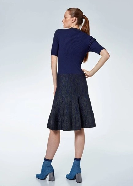 Lacivert Dizaltı Kloş Lurex Triko Elbise - 3