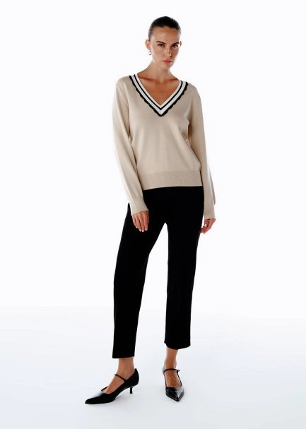 LATTE CONTRAST STRIPED V NECK SWEATER - 2