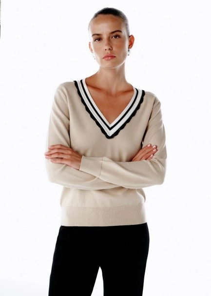 LATTE CONTRAST STRIPED V NECK SWEATER - 4