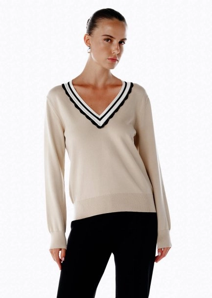 LATTE CONTRAST STRIPED V NECK SWEATER - 1
