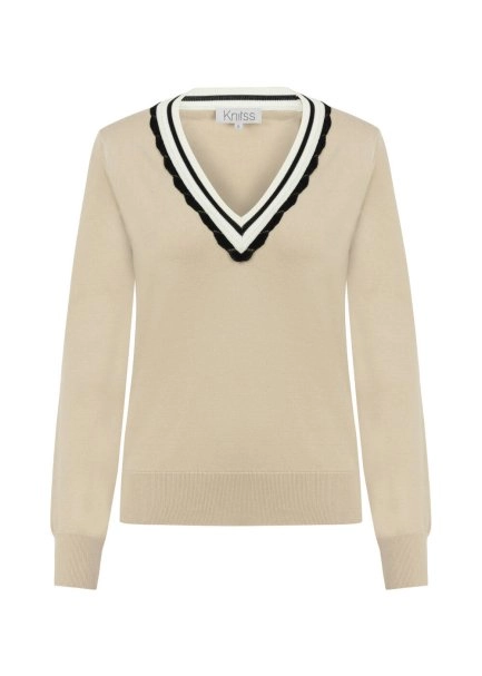 LATTE CONTRAST STRIPED V NECK SWEATER - 6