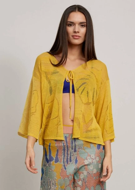 Leaf Patterned Linen Yellow Knit Cardigan - 1