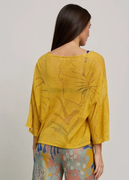 Leaf Patterned Linen Yellow Knit Cardigan - 3