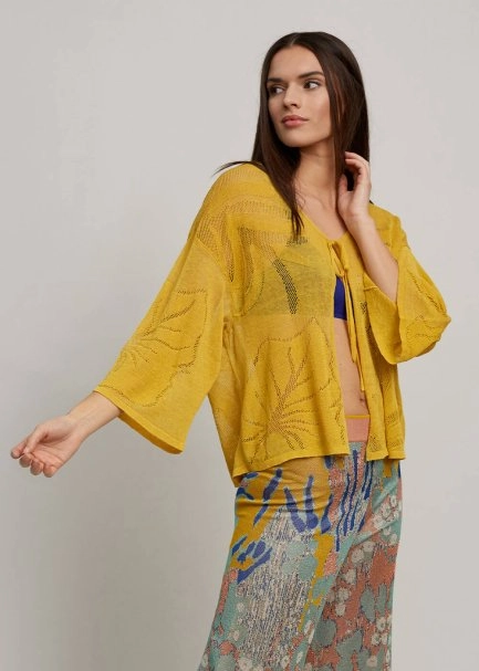 Leaf Patterned Linen Yellow Knit Cardigan - 4
