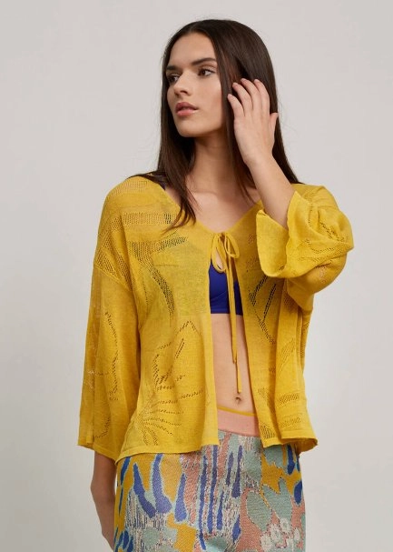 Leaf Patterned Linen Yellow Knit Cardigan - 5