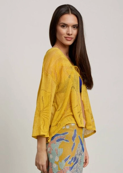 Leaf Patterned Linen Yellow Knit Cardigan - 6