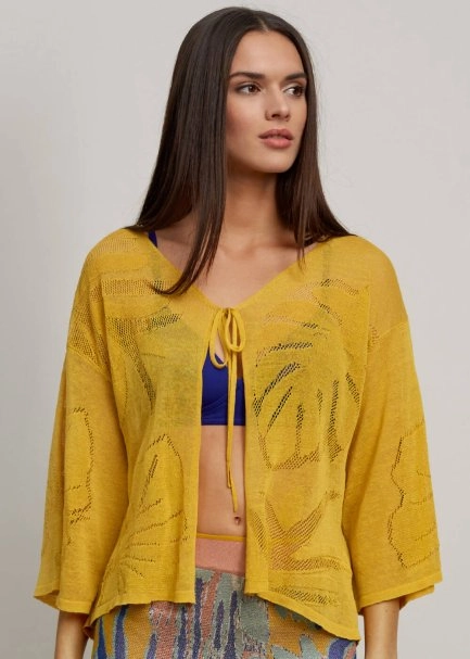 Leaf Patterned Linen Yellow Knit Cardigan - 7