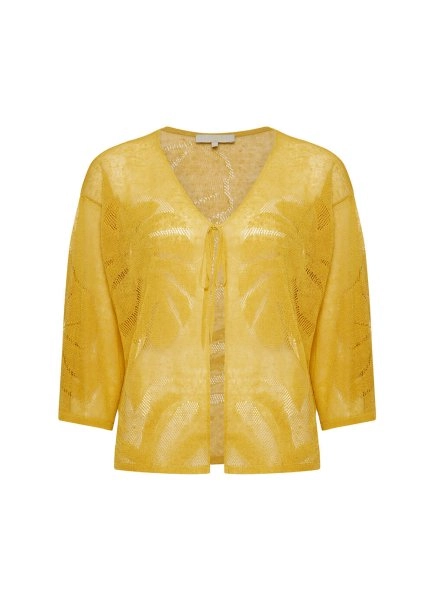 Leaf Patterned Linen Yellow Knit Cardigan - 8