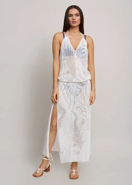 Leaf Patterned Tie Neck White Knit Dress - 1