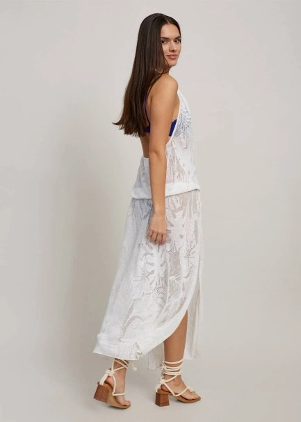 Leaf Patterned Tie Neck White Knit Dress - 6