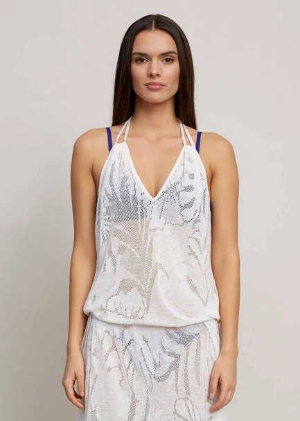 Leaf Patterned Tie Neck White Knit Dress - 7